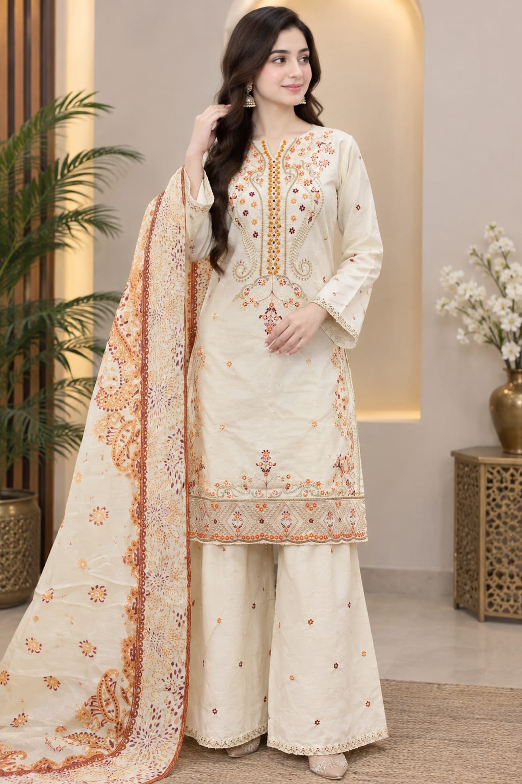 Embroidered 3PC Khaddar Suit with Handmade